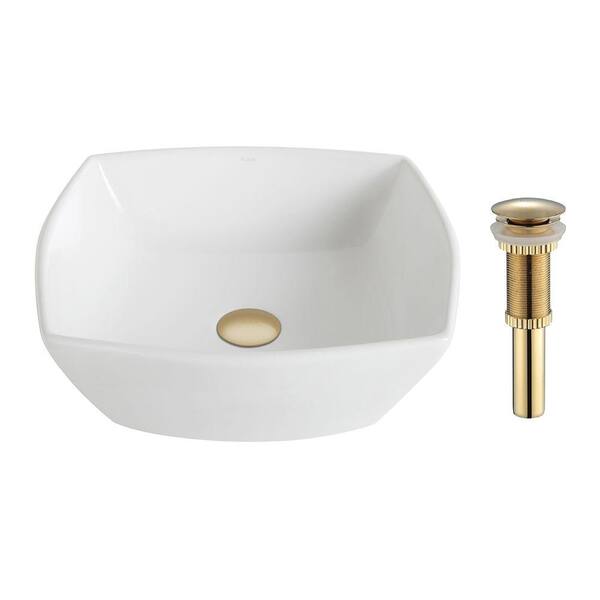 KRAUS Elavo Flared Square Ceramic Vessel Bathroom Sink in White with Pop Up Drain in Gold