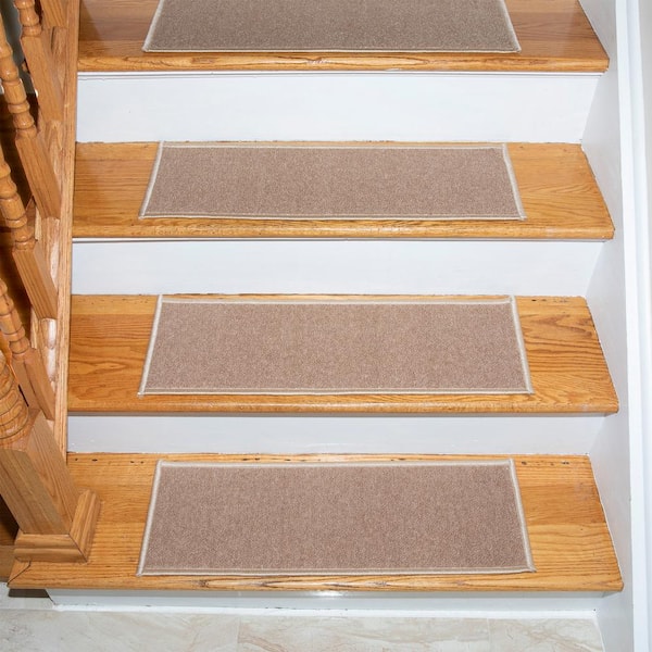 Ottomanson Escalier Collection Non-Slip Rubberback Solid 8.5 in. x 26 in. Indoor Stair Treads, Set of 5, Beige
