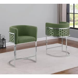 Evan 24 in. Green Low Back Metal Frame Counter Height Chairs w/Teddy Fabric Set of 2