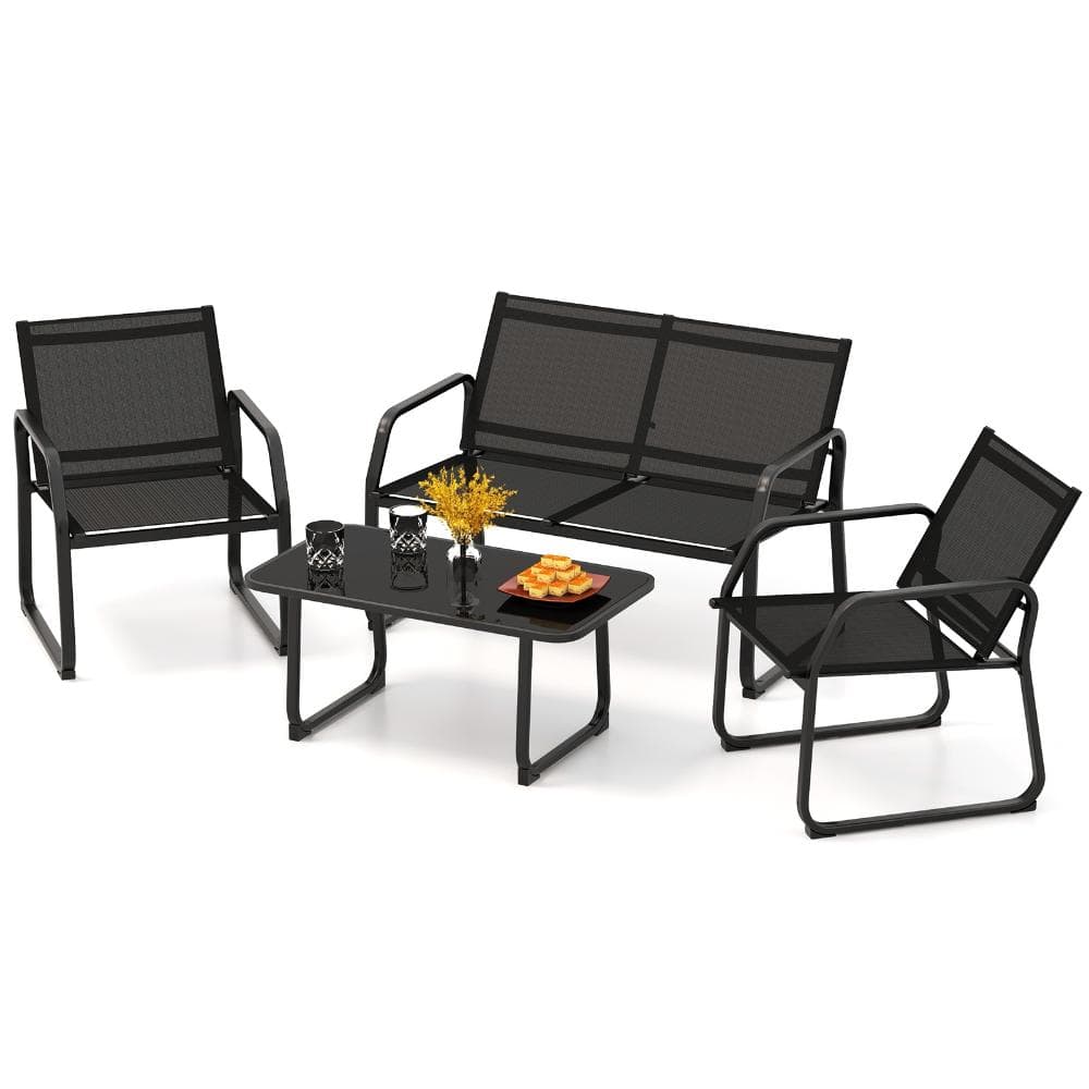 4-Piece Metal Patio Conversation Set with Loveseat, Chairs and Tempered Glass Table, Black price history on PriceWatchPro
