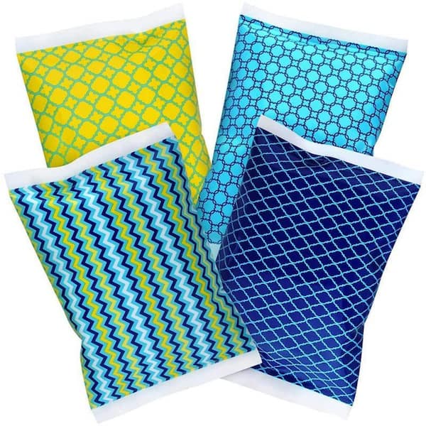 Angel Sar Reusable Lightweight Long Lasting Ice Packs in Green and Blue Geometric Prints for Cooler and Lunch Box (4-Pack)