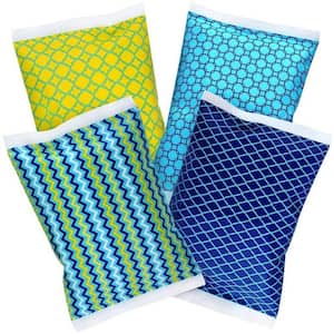 Reusable Lightweight Long Lasting Ice Packs in Green and Blue Geometric Prints for Cooler and Lunch Box (4-Pack)