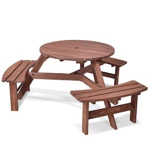 66.9 in. Round Wood Outdoor Picnic Table Bench Set with Umbrella Hole