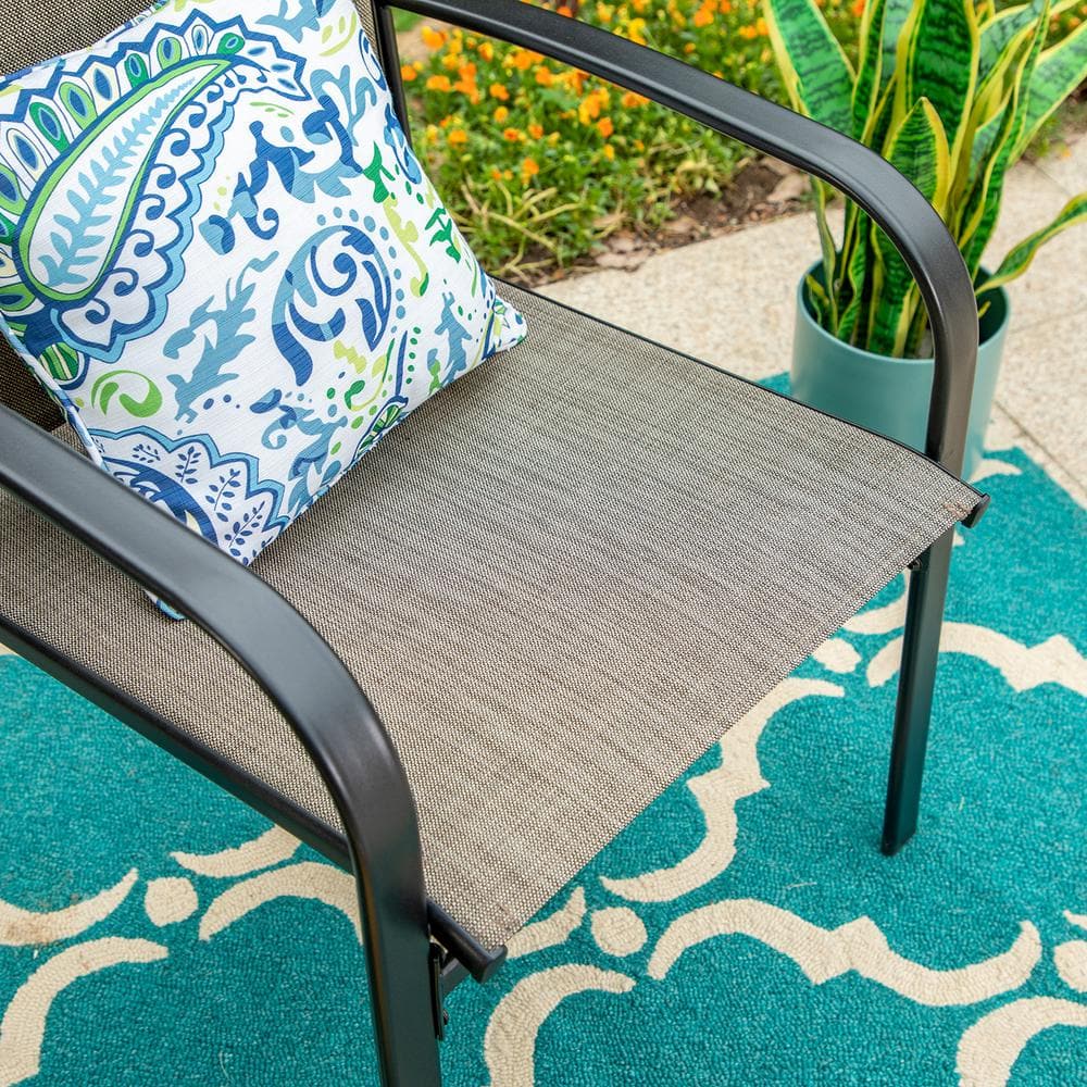 Black Steel Outdoor Dining Armchair with Brown Cushions