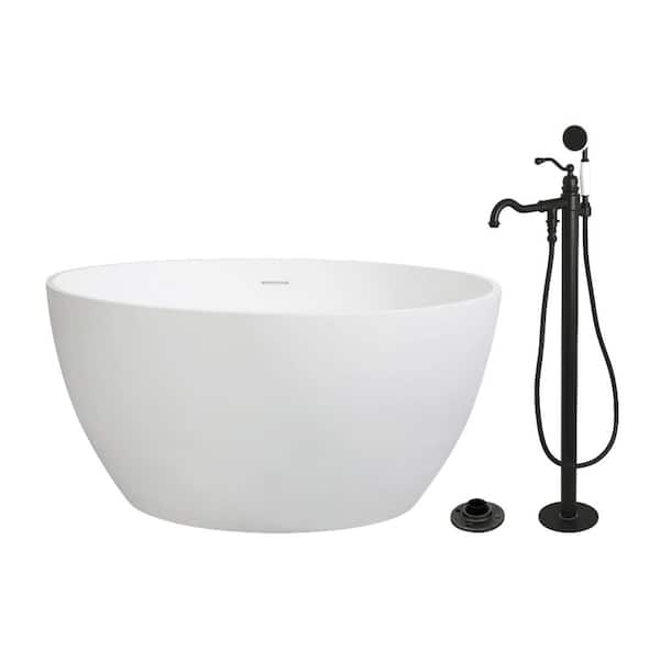 Arcticstone 45.6 in. x 45.6 in. Surface White Stone Flatbottom Soaking Freestanding Bathtub in White/Matte Black