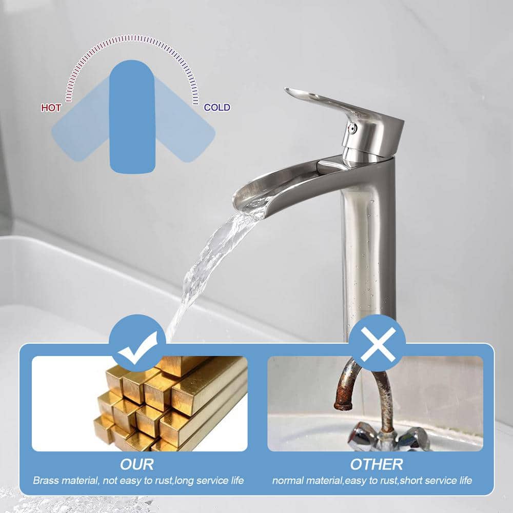 Brushed Nickel Tall Single Handle Bathroom Faucet with Waterfall Spout