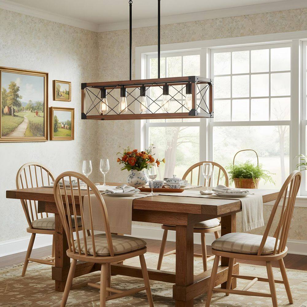 32 in. 5-Light Light Walnut Farmhouse-Style Linear Chandeliers for Kitchen Islands and Dining Rooms price history on PriceWatchPro