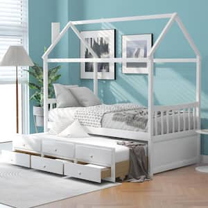 White House Bed with Trundle and 3-Storage Drawers Twin Captain's Beds All in 1-Wood Storage Daybed