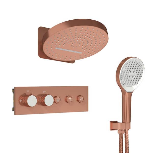 5-Spray 2.5 GPM 16 in. Round Wall Mount Fixed and Handheld Shower Head with Thermostatic Shower System in Brushed Gold
