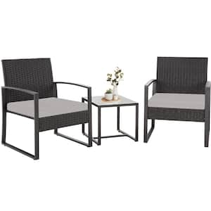 Cute 3-Piece Black Wicker Patio Conversation Set With Gray Cushions