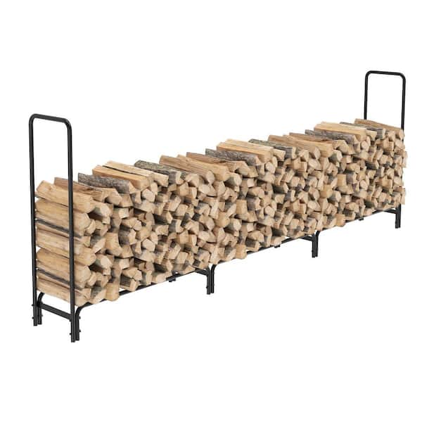 12 ft. Black Metal Firewood Log Rack Heavy-Duty Wood Storage Holder Outdoor