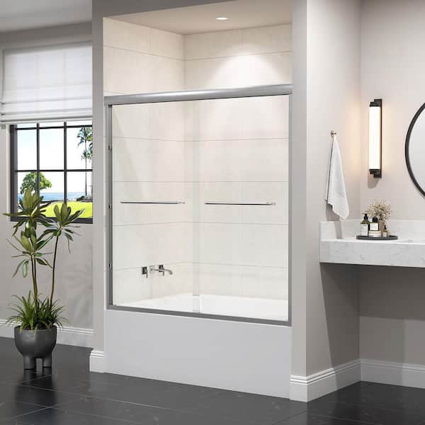 56 in. - 60 in. W x 60 in. H Double Sliding Semi-Frameless Tub Door in Brushed Nickel with Clear Glass