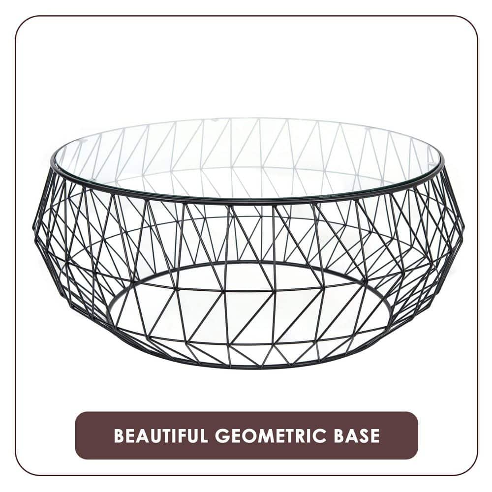 Malibu Modern 35" Round Coffee Table with Black Metal and Glass Top