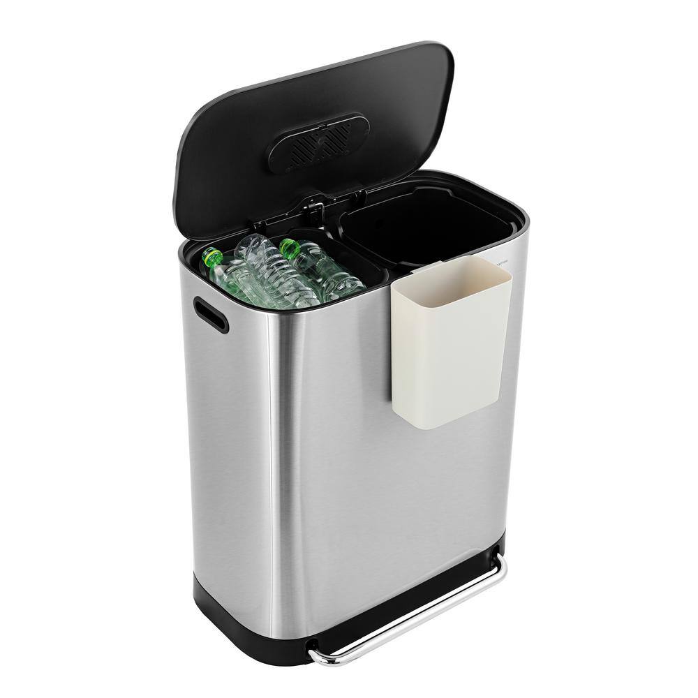 16-Gallon Stainless Steel Kitchen Trash Can with Pedal and Side Bin