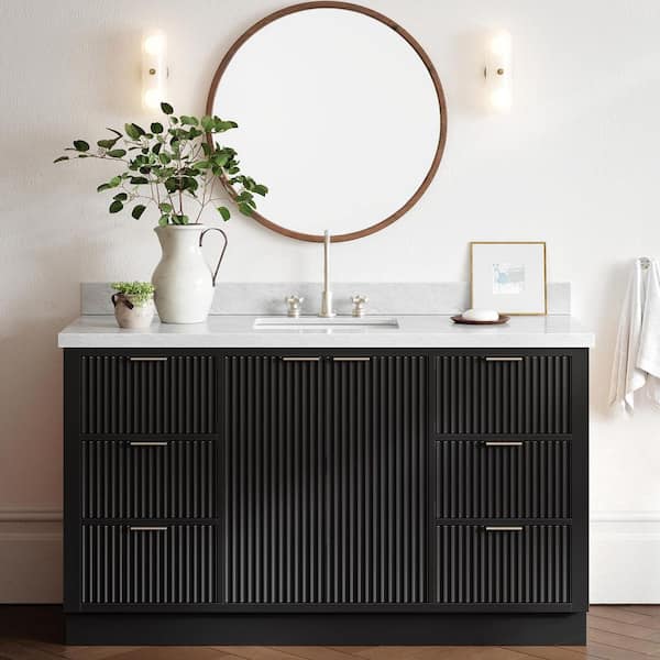 Milan 61 in. W x 21.5 in. D x 36 in. H Single Sink Bath Vanity in Black with Italian Carrara Marble Top