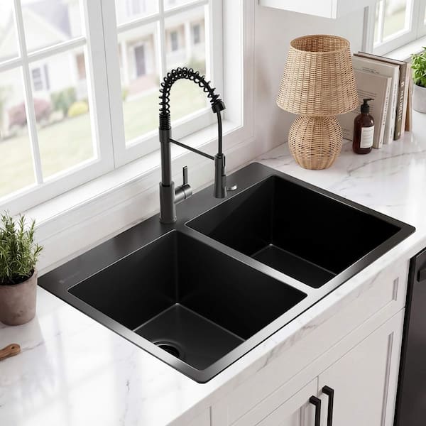 33 in. Drop-In Double Bowl 18 Gauge Black Stainless Steel Kitchen Sink with Black Spring Neck Faucet