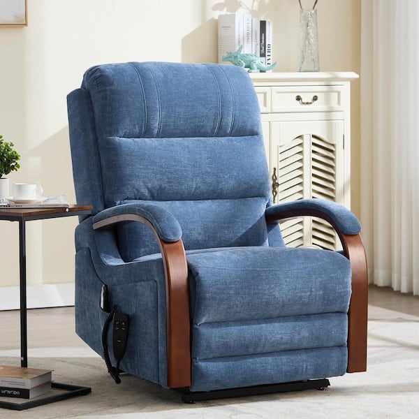 Blue Ergonomic Dual Motor Chenille Power Lift Recliner with Solid Wood Armrests, Massage and Heat