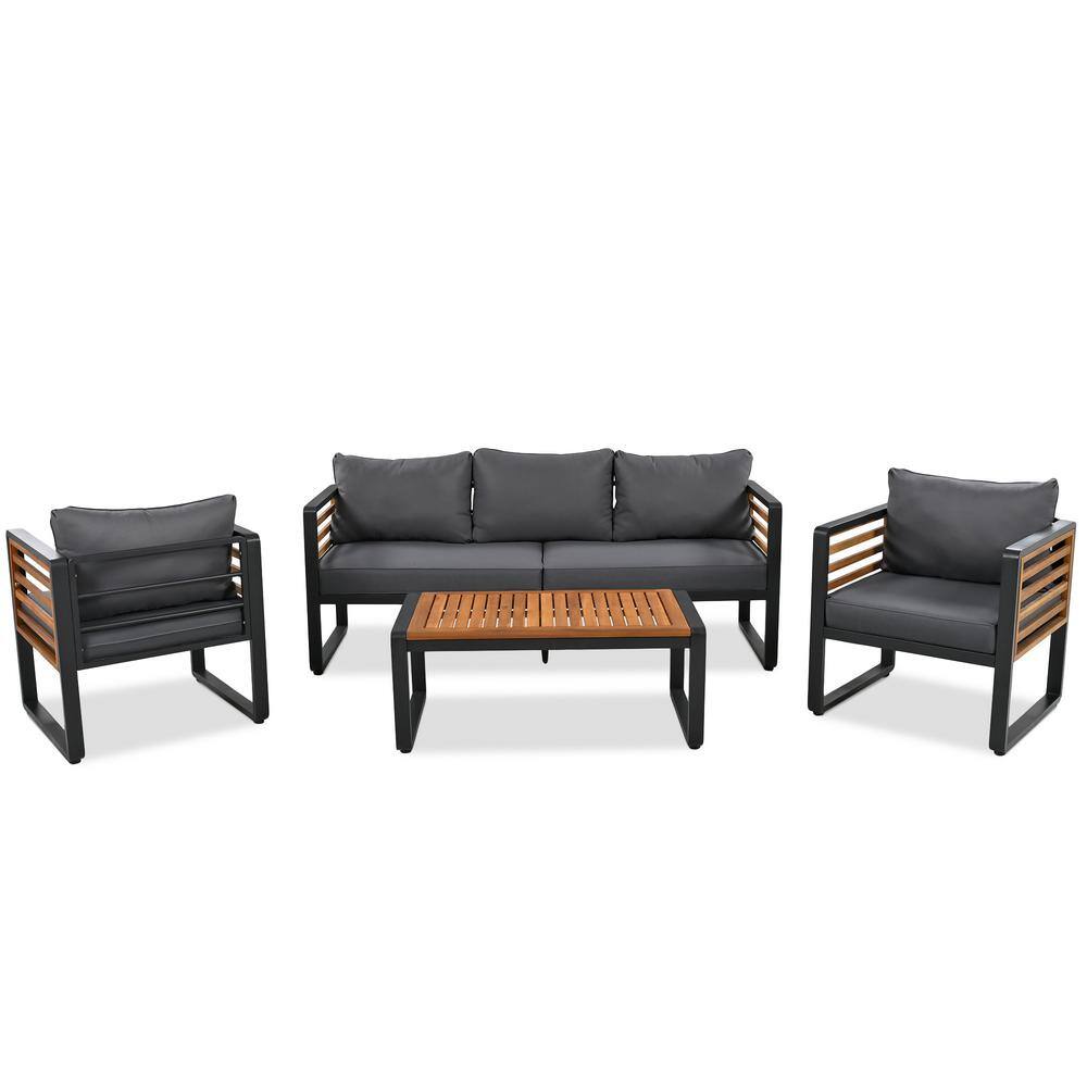 Large Size 4-pieces Gray Metal Wood Outdoor Sectional Sofa Set with Removable Thick Cushion, Acacia Wood Tabletop price history on PriceWatchPro