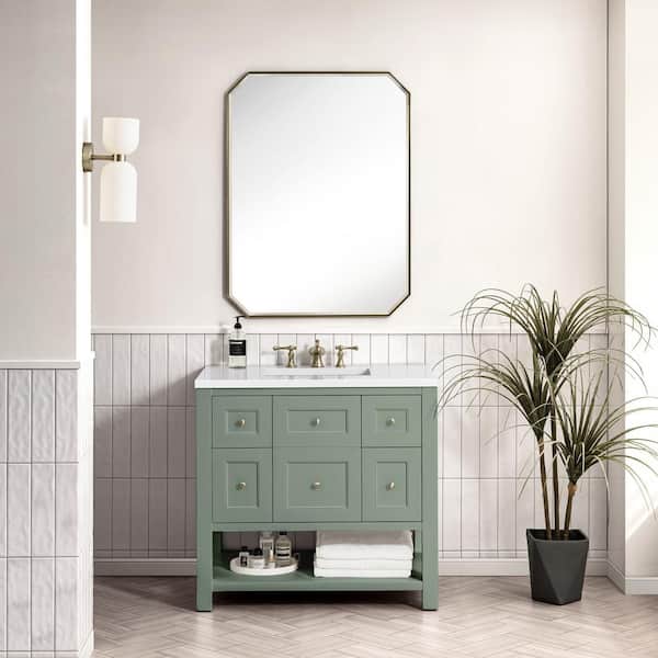 James Martin Vanities Breckenridge 36.0 in. W x 23.5 in. D x 34.2 in. H Bathroom Vanity in Smokey Celadon with White Zeus Quartz Top