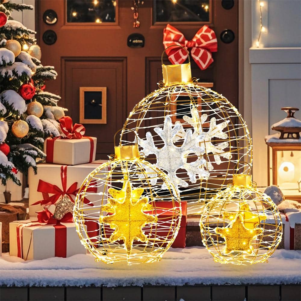 Gold Pre-Lit Christmas Lantern Balls with LED Lights, Set of 3