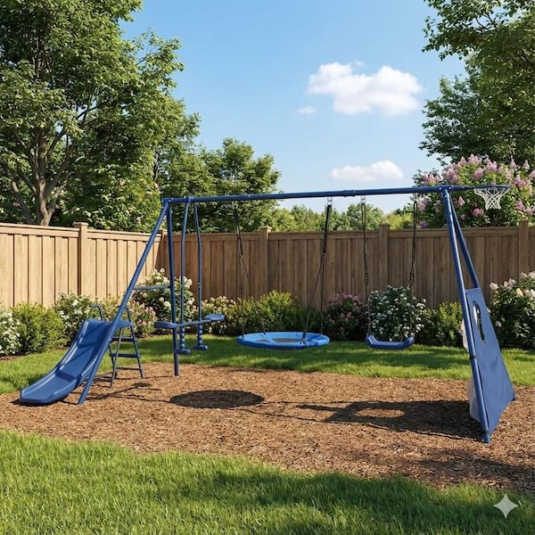 Blue Metal Outdoor Playground Swing Set with 31.5 in Net Swing and