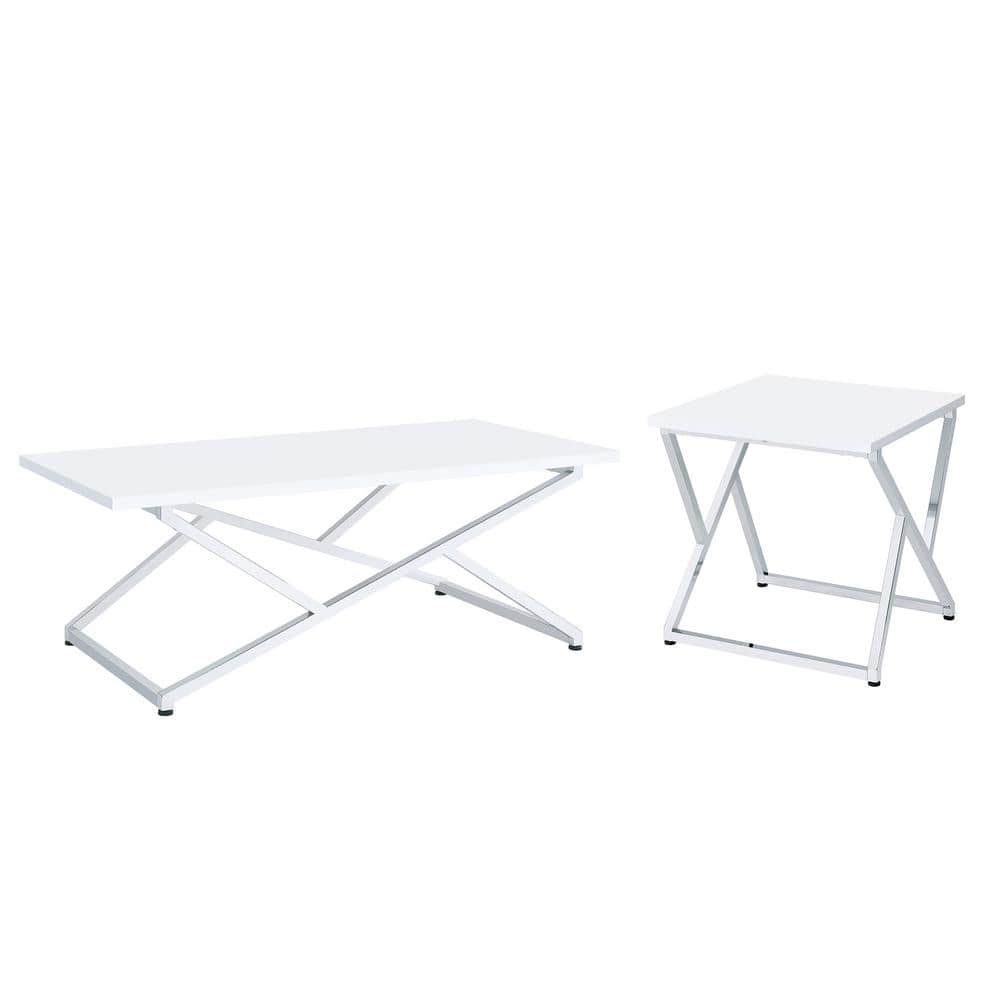 Furniture of America Doherty 47.25 in. High Gloss White and Chrome Plated Rectangle Wood Top 2-Piece Coffee Table Set -  IDF-4552-2PC