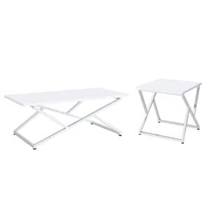 Doherty 47.25 in. High Gloss White and Chrome Plated Rectangle Wood Top 2-Piece Coffee Table Set