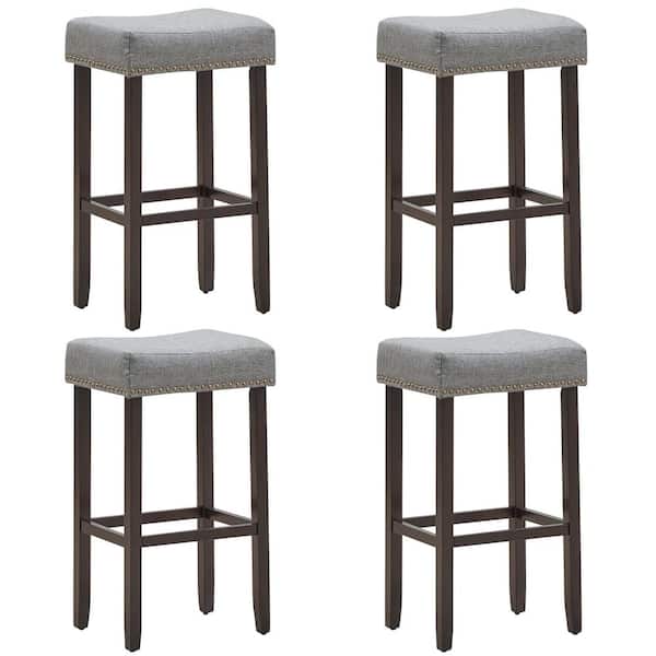 Costway 29 in. Gray Backless Nailhead Saddle Bar Stools Height with Fabric Seat and Wood Legs (Set of 4)
