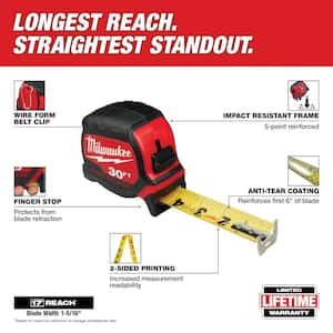 30 ft. x 1-5/16 in. Wide Blade Tape Measure with 17 ft. Reach