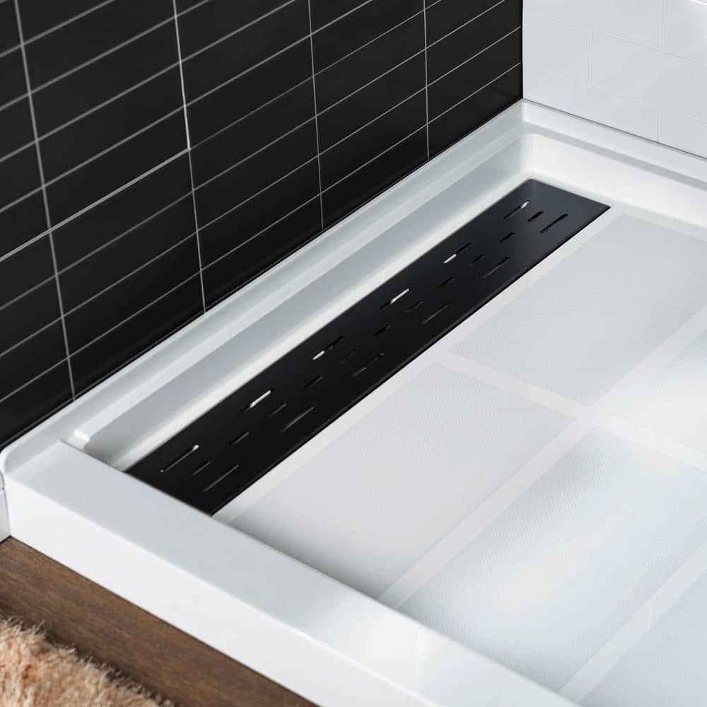 White Rectangular Shower Pan with Matte Black Drain Cover