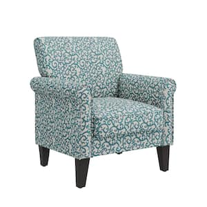 Jean Blue Curly Vine Pattern Fabric Traditional Rolled Arm Accent Chair with Nailheads