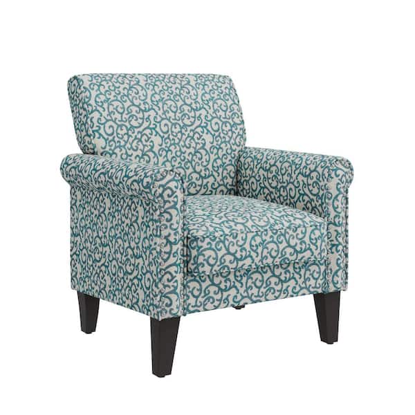 Handy Living Jean Blue Curly Vine Pattern Fabric Traditional Rolled Arm Accent Chair with Nailheads