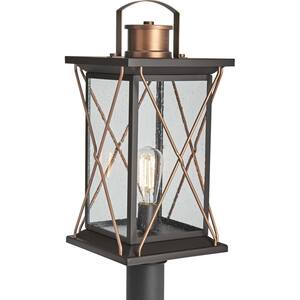 Barlowe Collection 1-Light Antique Bronze Clear Seeded Glass Farmhouse Outdoor Post Lantern Light