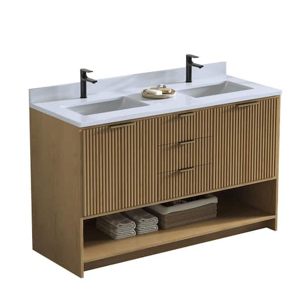 Jing Luxe 55 in. Double Freestanding Oak Grey Bath Vanity with White Engineered Stone Top Assembled