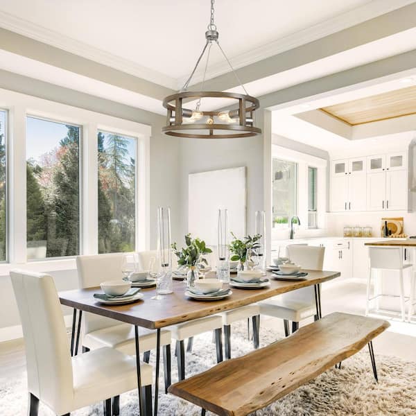 Farmhouse Metal Drum Chandelier in Texture Brushed Brown Finish Modern Island Chandelier 5-Light Industrial Cage Pendant