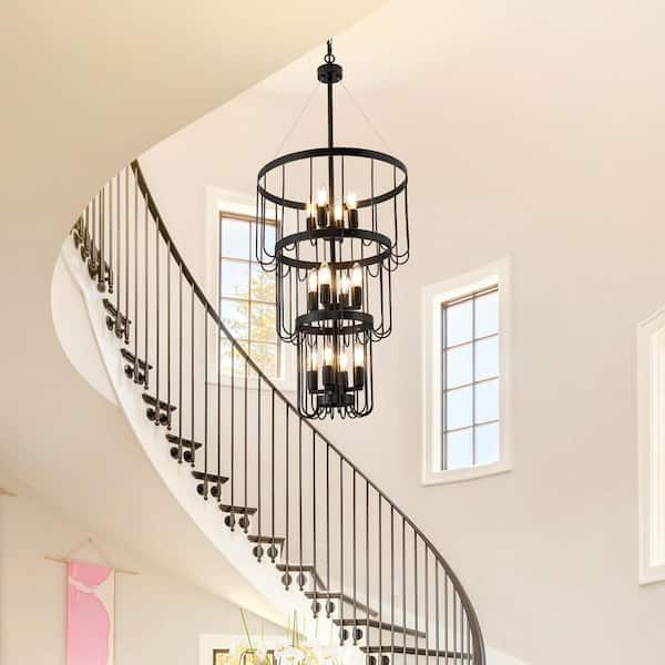 3-Tier 12-Light Modern Black Round Chandelier with E12 Bulb No Bulbs Included)