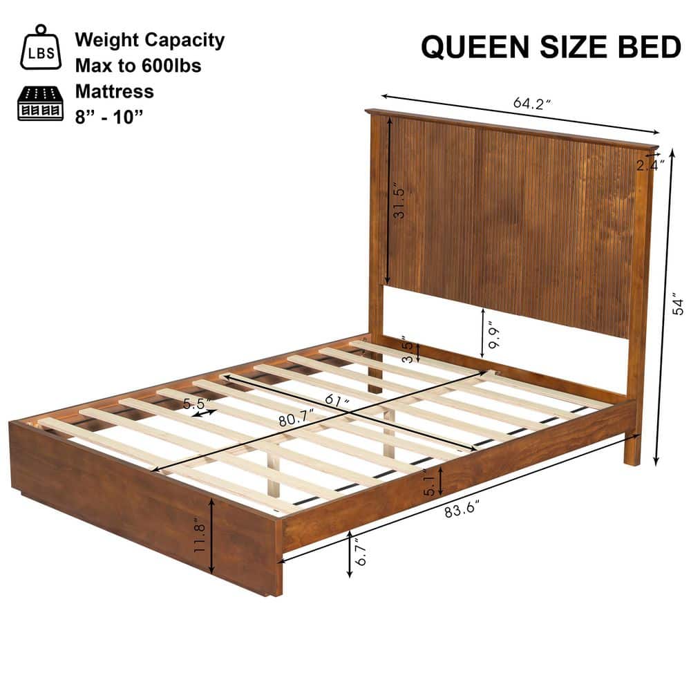 Zelina Stylish Brown Solid Wood Frame Queen Size Platform Bed with Slatted Headboard - thumbnail 6
