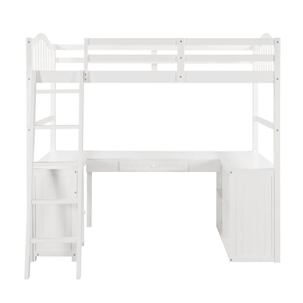 Qualler White Twin Size Wood Loft Bed with Cabinet and Desk BLE000505K ...