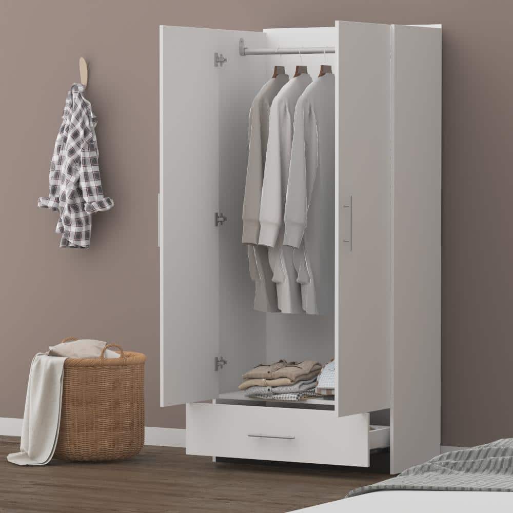 White 2-door wardrobe armoire with open doors and bottom drawer open.