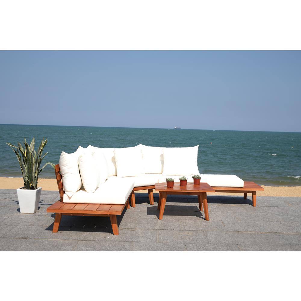 Lansen Natural Acacia Wood 5-Person Outdoor Sectional with Beige Cushions