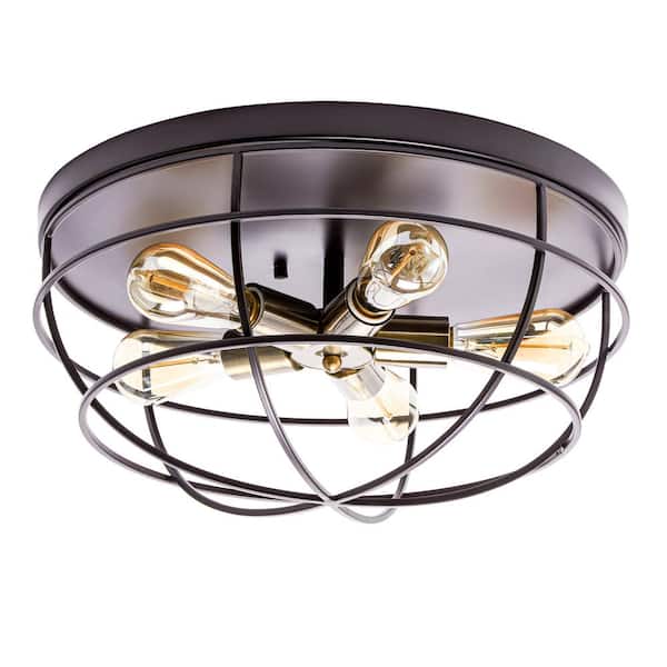 Merra 17.7 in. 5-Light Oil Rubbed Bronze Industrial Flush Mount with Cage Frame