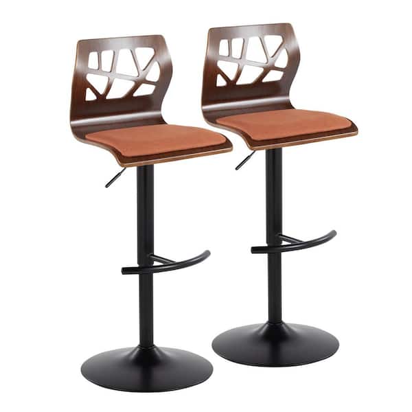 Lumisource Folia 32.5 in. Orange Fabric, Walnut Wood and Black Metal Adjustable Bar Stool (Set of 2)