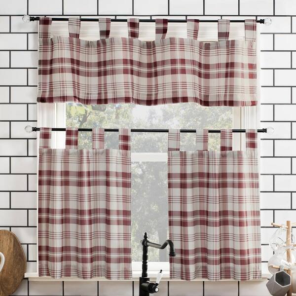 Sun Zero Blair Farmhouse Plaid Kitchen Red/Ecru Polyester 52 in. W x 36 in. L Tab Top Light Filtering Curtain Set (Set of 3)