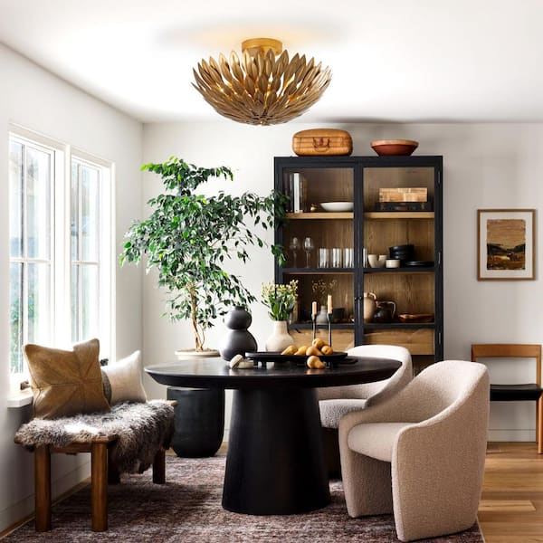 15.75 in. 3-Light Antique Gold Semi-Flush Mount Ceiling Light with Layers of Leaves Shade