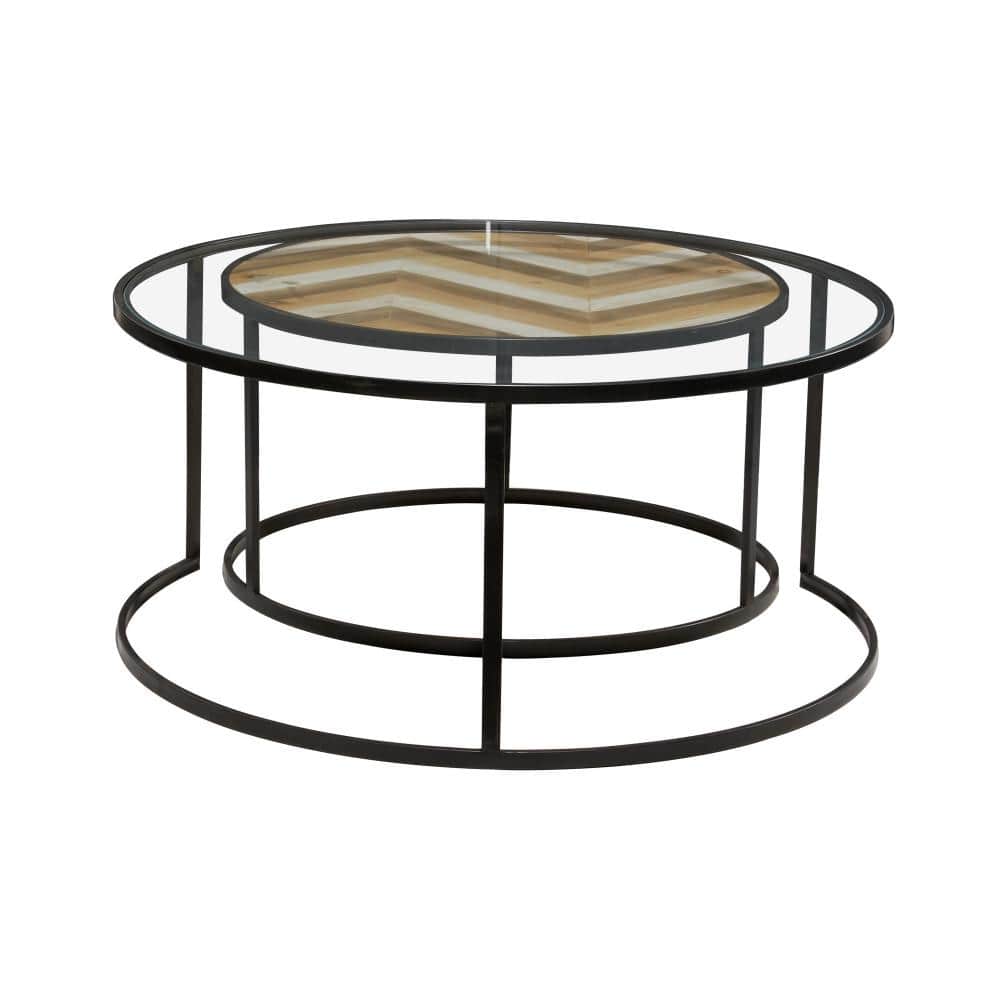 Gray and Brown Round Wood and Glass Nesting Coffee Tables
