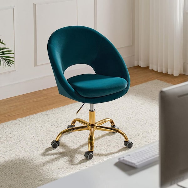 Savas Teal Upholstered 18 in.-21 in. H Adjustable Height Swivel Task Chair with Gold Metal Base and Open Back Design