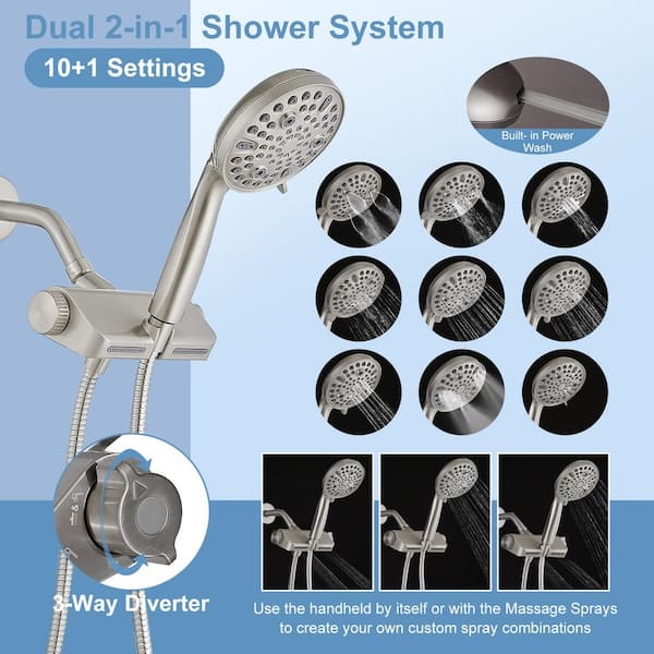 No Handle 10-Spray Wall Mount Handheld Shower Head Shower Faucet 1.8 GPM with Adjustable Heads in. Brushed Nickel