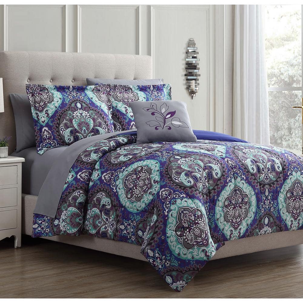 Queen Purple Microfiber Reversible Bed in a Bag Set