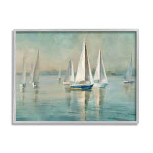 "Traditional Sailboats Water Lake Relaxed Nautical Painting" by Danhui Nai Framed Nature Wall Art Print 11 in. x 14 in.