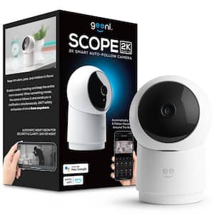 Scope 2K Wired Plug-In Indoor Smart Auto-Tracking Security Camera, Pan, Tilt, Zoom, Night Vision, 2-Way Talk, White